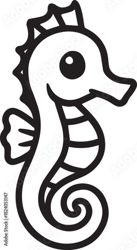 An elegant seahorse gracefully portrayed in a minimalist black outline, perfect for various design applications, highlighting its unique aquatic form and charm.