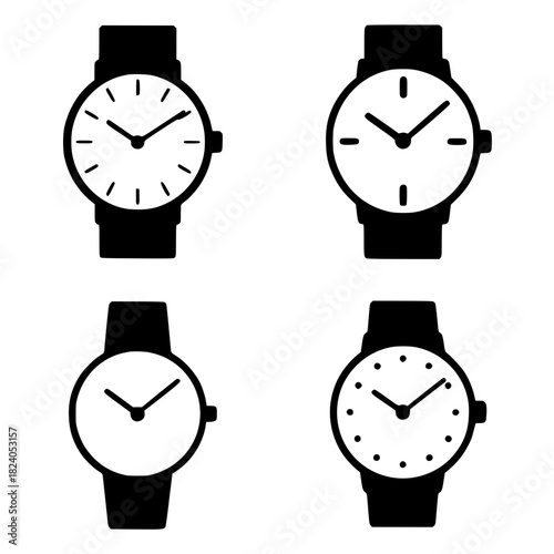 4 watch illustration icons, black, transparent background