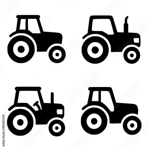 4 tractor illustration icons, black, transparent background