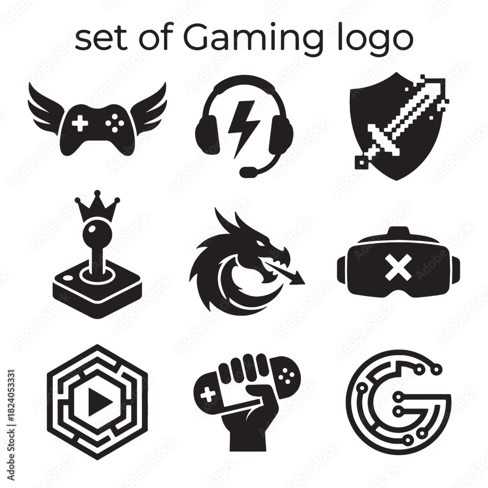 Fototapeta premium Dynamic Gaming Logos Vector Icons Set in Black, featuring Controller, Headset, VR, and Esports elements, perfect for modern Game branding and digital design.