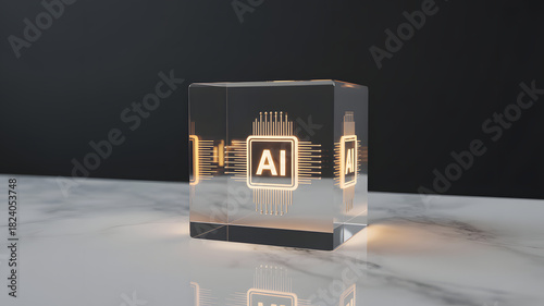 A glowing AI microprocessor symbol encased within a transparent glass cube on a marble surface.