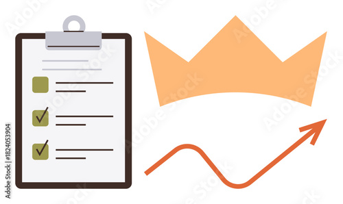 Clipboard with completed checklist, orange crown, and upward arrow represent goals, success, leadership, and growth. Ideal for productivity, planning, leadership achievement self-improvement