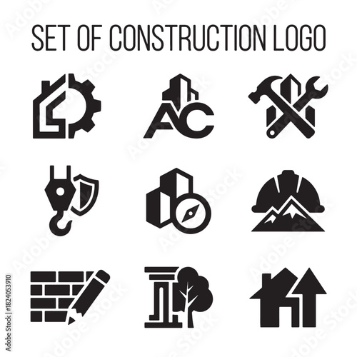 Professional vector set of construction, architecture, and engineering logo icons for building development and graphic design, featuring diverse building elements in minimalist black and white.
