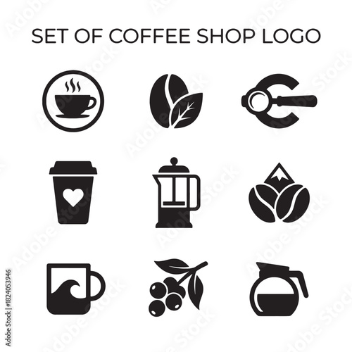 This versatile set of coffee shop logo design and icons in silhouette vector style offers essential elements for a modern cafe or espresso business.