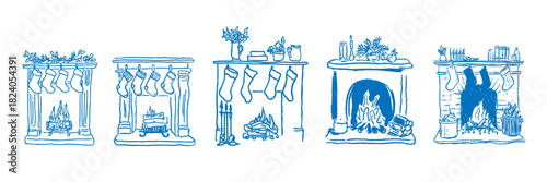 Cosy Christmas fireplace scenes with hanging stockings, winter greenery and warm glowing fire details