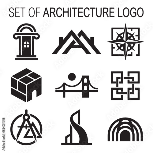 Set of modern architecture logo icons, showcasing diverse building and construction designs. These clean vector graphics are ideal for professional corporate branding applications.