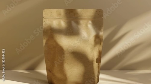 A textured brown stand-up pouch mockup on a neutral surface with soft dappled shadows cast across it and the background