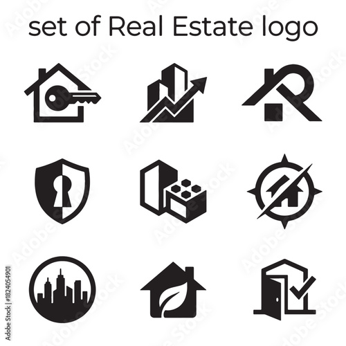 A modern vector set of real estate logo and icon designs for property and house development business branding on a clean white background.