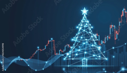 Illuminated Christmas tree with financial graph background, symbolizing holiday commerce.