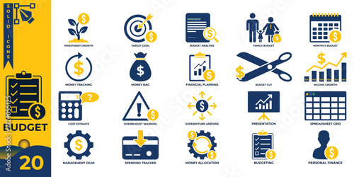 Collection of 20 solid budget and finance icons featuring money management, expense tracking, investment growth, financial planning and savings symbols
