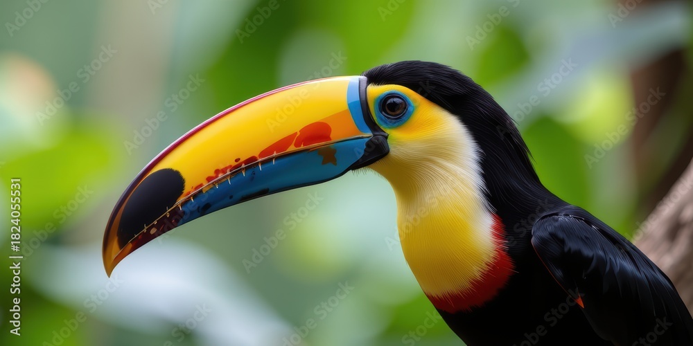 Naklejka premium Colorful toucan with a large beak perched amidst lush green foliage.