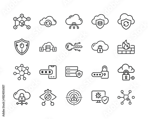 Digital security line icon set. collection of outline symbols for data protection, network safety, blockchain, and cloud computing solutions and services. Vector, illustration