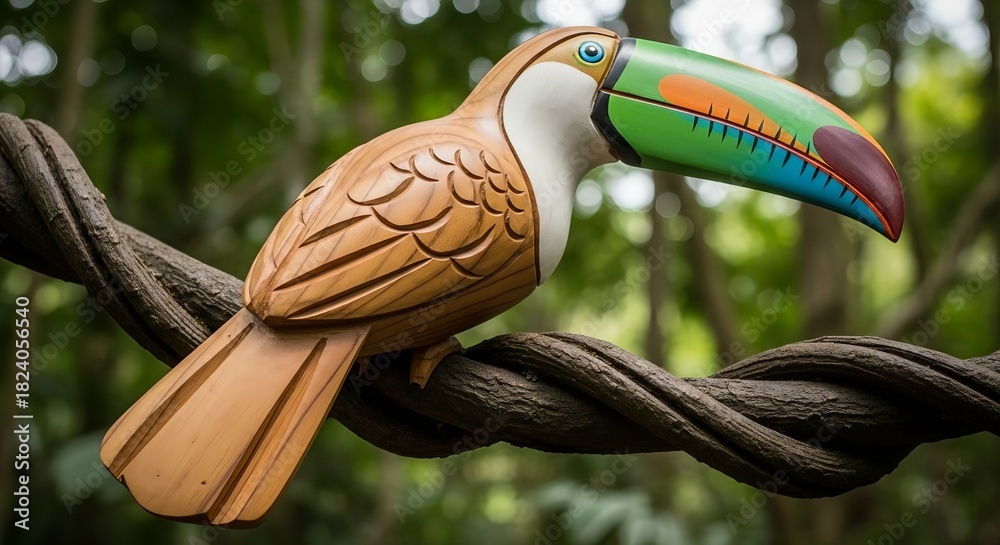 Naklejka premium Colorful toucan sculpture perched on a thick vine in a lush forest