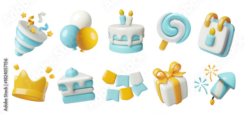 3d birthday icons set with blue and yellow cake, gift box, party decorations and fireworks. Cute minimal holiday and celebration vector elements clip art collection. 