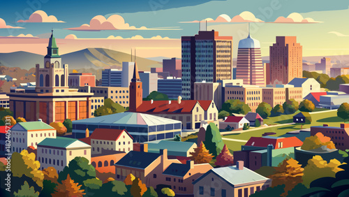 Very beautiful aerial panorama of Allentown, Pennsylvania skyline, featuring a mix of modern and historic buildings, tree-lined streets, and surrounding suburban areas under a clear sky in a clean, 