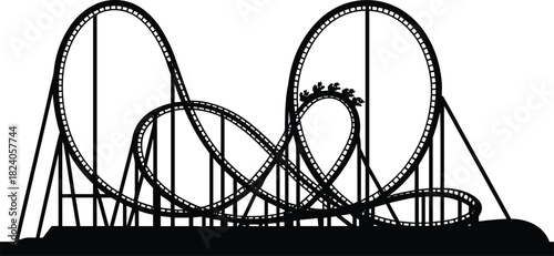 Amusement park and carnival silhouette vector icon set including roller coaster, ferris wheel, carousel, circus tent, fantasy castle, swing ride, and fairground game booth.