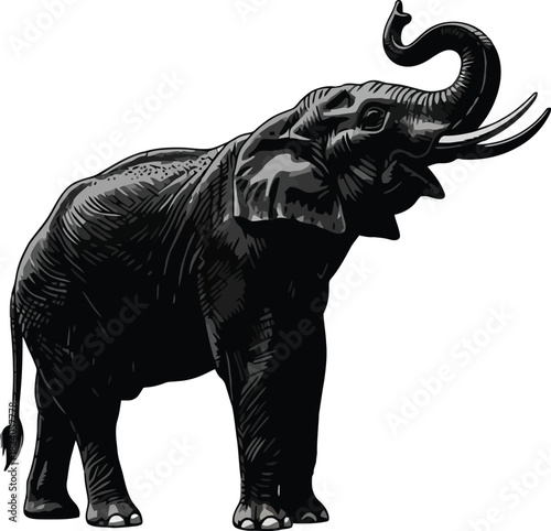 “Fierce elephant standing in alert pose, clean sharp silhouette, high-contrast vector for outdoor and wildlife themes.