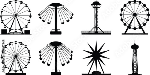 Amusement park ride silhouettes, Ferris wheel, swing ride, observation tower, star ride, black icons, vector set, funfair attractions, carnival elements, entertainment symbols, isolated graphics