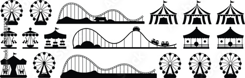 Amusement park silhouettes, Ferris wheels, roller coasters, swing rides, carousel icons, circus tents, ticket booths, black vector set, funfair elements, entertainment graphics