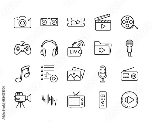 A modern collection of essential line art icons for media, entertainment, communication, and digital technology, perfect for web and app design projects. Vector, illustration