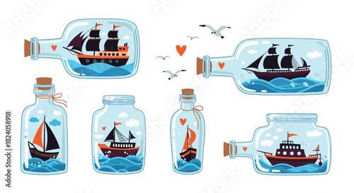 Collection of Ships in Bottles with Seagulls.