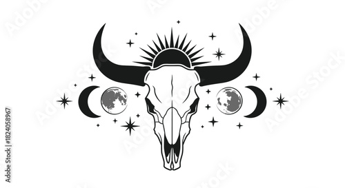 Mystical Bull Skull with Moon Phases and Stars Illustration.