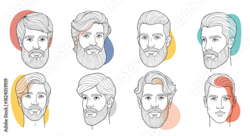 Diverse Mens Hairstyles and Beard Styles Illustration.
