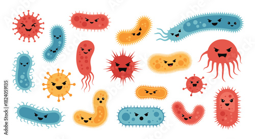 Cartoon Germs and Bacteria with Facial Expressions.