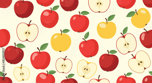 Colorful Apple Pattern Background with Red and Yellow Fruits.