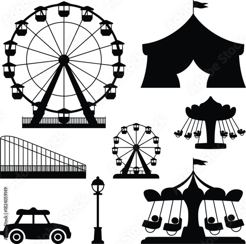 Black silhouette set of amusement park icons including big ferris wheel, circus tent, roller coaster track, vintage car, street lamp, carousel, and swing ride.