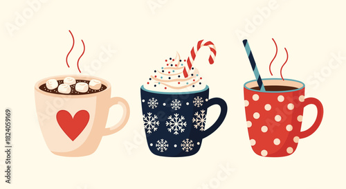 Festive Hot Chocolate Drinks with Marshmallows and Candy Canes.