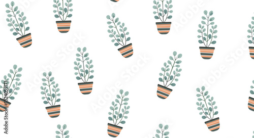 Pattern of Potted Plants on White Background.