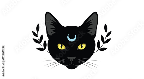 Mystical Black Cat with Crescent Moon and Foliage.