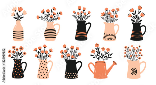 Collection of Flower Arrangements in Decorative Vases.