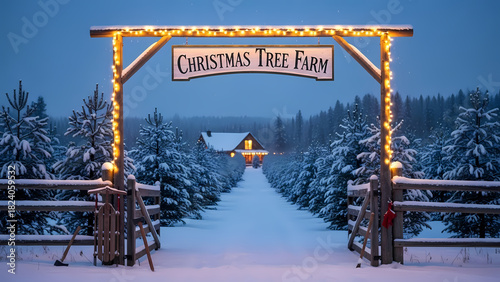 Snowy Christmas tree farm entrance with wooden sign and lights  