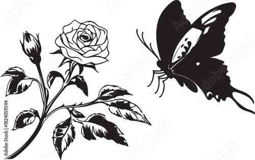 Hand drawn vector floral illustration set with vintage seamless rose and lily flower sketches, perfect for nature pattern design or elegant summer wallpaper art