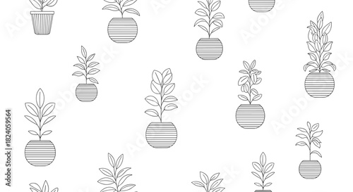 Seamless Pattern of Potted Houseplants in Outline Style.