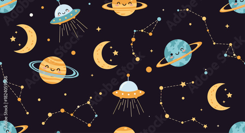 Cute Space Pattern with Planets UFOs and Constellations.