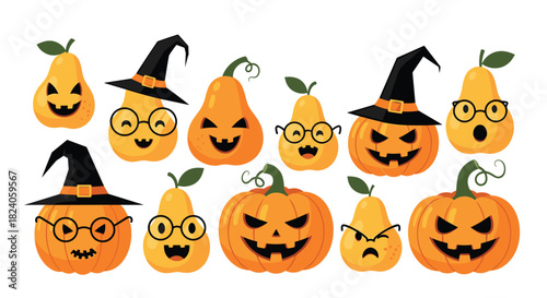 Halloween Pears and Pumpkins with Spooky Faces and Accessories.