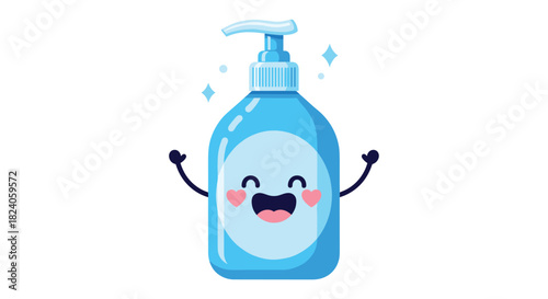 Cartoon Hand Sanitizer Bottle with Happy Face and Arms.