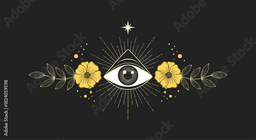 Mystic Eye with Flowers and Star: Spiritual Symbolism.