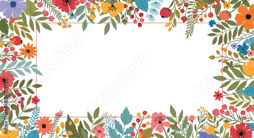 Floral Frame with Colorful Flowers and Leaves Illustration.