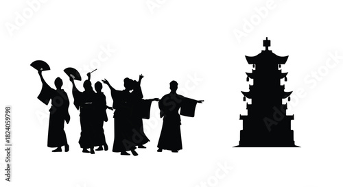 Silhouettes of dancers in traditional attire celebrating near an ornate pagoda