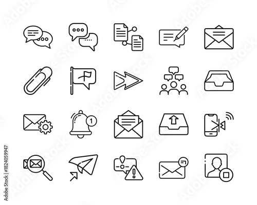 A comprehensive set of outline icons for modern digital communication, messaging, email, and social networking applications, suitable for web and mobile ui design. Vector, illustration