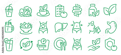 Detox and cleanse related editable stroke outline icons set isolated on white background flat vector illustration. Pixel perfect. 64 x 64.