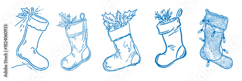 Christmas stocking doodle set with hand-drawn festive holiday illustrations
