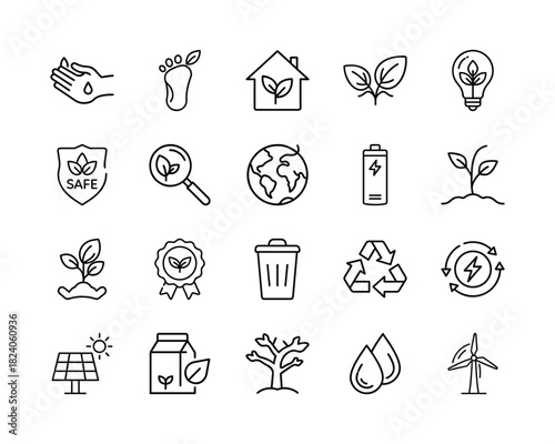 Eco-friendly line icons collection for nature conservation, sustainable living, green energy, recycling, and environmental protection initiatives, perfect for web. Vector, illustration
