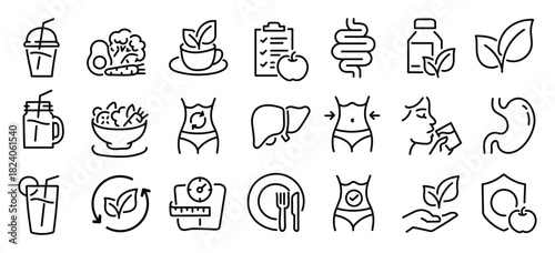 Detox and cleanse related editable stroke outline icons set isolated on white background flat vector illustration. Pixel perfect. 64 x 64.