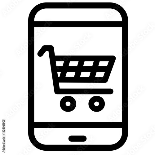 Outline vector icon of shopping cart on a smartphone screen (mobile commerce).