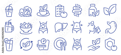 Detox and cleanse related editable stroke outline icons set isolated on white background flat vector illustration. Pixel perfect. 64 x 64.